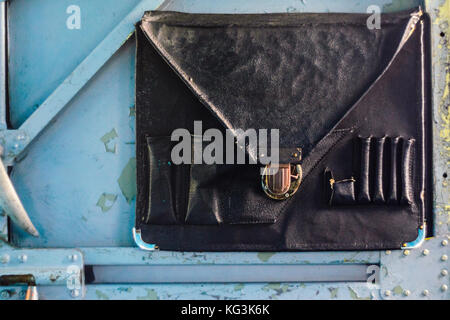 Pilot Briefcase on the Cockpit Door Close-up Stock Photo