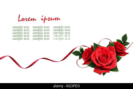 Red rose flowers and silk ribbon in corner arrangement isolated on ...