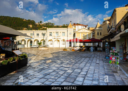 Early morning in St Marco square in Zakynthos town, Greece. Stock Photo
