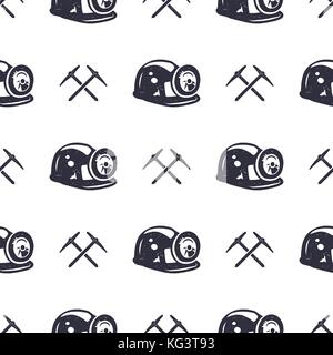 Crypto Mining concept seamless pattern, pickaxe and bitcoin wallpaper, crypto concept. Digital assets background. Vintage han drawn monochrome design. Stock vector illustration isolated on white Stock Vector