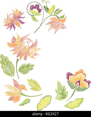 Set of floral pattern with fantasy flowers isolated. Line art. Vector illustration hand drawn. Embroidery design elements - flowers, leaves. Stock Vector