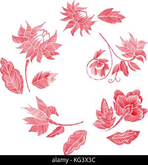 Set of floral pattern with fantasy flowers isolated. Line art. Vector illustration hand drawn. Embroidery design elements - flowers, leaves. Stock Vector