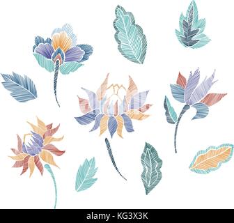 Set of floral pattern with fantasy flowers isolated. Line art. Vector illustration hand drawn. Embroidery design elements - flowers, leaves. Stock Vector