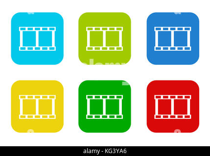 Set of rounded square colorful flat icons with movie symbol in blue, green, yellow, cyan and red colors Stock Photo