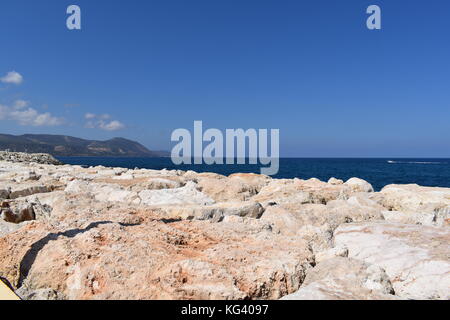 The harbour wall at the picturesque Latchi Harbour marina near Polis Chrysochou in the Paphos district of Cyprus. Stock Photo