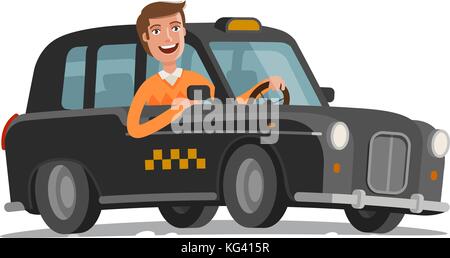 Happy driver is driving taxi. Passenger transportation, car, vehicle concept. Cartoon vector illustration Stock Vector