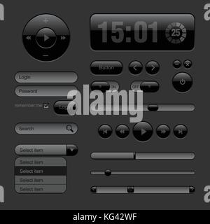 Dark Web UI Elements. Buttons, Switches, bars, power buttons, sliders. Part two. Vector illustration Stock Vector
