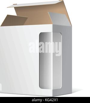 Light Realistic Open Package Cardboard Box with a transparent plastic window. Vector illustration Stock Vector