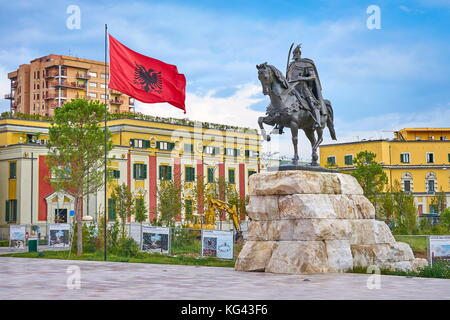 Albania, Tirana - statue of Skanderbeg, City Hall at the background, Skanderbeg Square Stock Photo