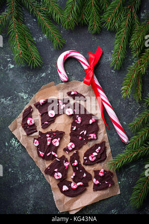 Christmas peppermint chocolate bark with candy cane chips. Top view Stock Photo