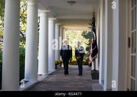 Washington, USA. 02nd Nov, 2017. President of the United States Donald J. Trump and his nominee for United States Federal Reserve Chairman Jerome Powell walk along the West Wing colonnade as they prepare to speak with reporters in the Rose Garden at the White House in Washington, DC on November 2nd, 2017. Credit: Alex Edelman/CNP - NO WIRE SERVICE - Credit: Alex Edelman/Consolidated/dpa/Alamy Live News Stock Photo