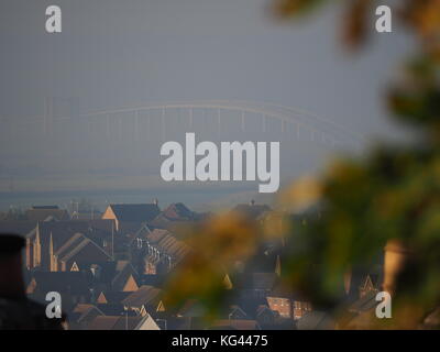 Isle of Sheppey, Kent, UK. 3rd Nov, 2017. UK Weather: the A249 Sheppey Crossing covered in thick fog/mist as seen from Minster on sea. In 2013, a crash on the crossing in thick fog turned into Britain's biggest road accident, involving 130 vehicles. Credit: James Bell/Alamy Live News Stock Photo