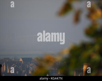 Isle of Sheppey, Kent, UK. 3rd Nov, 2017. UK Weather: the A249 Sheppey Crossing covered in thick fog/mist as seen from Minster on sea. In 2013, a crash on the crossing in thick fog turned into Britain's biggest road accident, involving 130 vehicles. Credit: James Bell/Alamy Live News Stock Photo