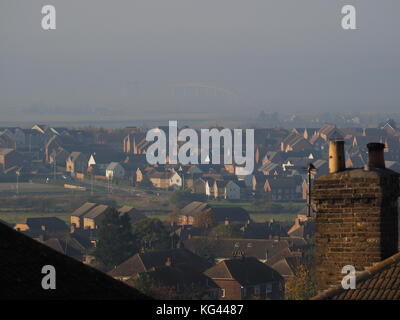 Isle of Sheppey, Kent, UK. 3rd Nov, 2017. UK Weather: the A249 Sheppey Crossing covered in thick fog/mist as seen from Minster on sea. In 2013, a crash on the crossing in thick fog turned into Britain's biggest road accident, involving 130 vehicles. Credit: James Bell/Alamy Live News Stock Photo