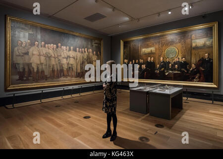 London, UK. 3rd November, 2017. General Officers of World War 1, 1922, by John Singer Sargent and Naval Officers of World War 1, 1921, by Sir Arthur Stockdale Cope - The National Portrait Gallery, London opens brand new gallery spaces devoted to its early 20th Century Collection on 4 November 2017. The creation of these new spaces within the Gallery's free permanent Collection, has been made possible by a grant from the DCMS/ Wolfson Museums & Galleries Improvement Fund. London 03 Nov 2017. Credit: Guy Bell/Alamy Live News Stock Photo