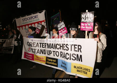 Manchester, UK. 3rd November, 2017. Greater Manchester Stand Up To Racism marching against the former leader of the English Defence League,Tommy Robinson who was in the city to launch his book "Mohammed's Koran Why Muslims Kill For Islam".  One venue pulled out of hosting the launch and Robinson was forced to hold the event from a van parked in  Castlefield, Manchester,3rd November, 2017. Photo Credit: Barbara Cook/Alamy Live News Stock Photo