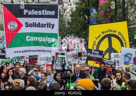 London, UK. 04th Nov, 2017. Marching down Oxford Street - National Palestine March and Rally - Justice Now: Make it right for Palestine. As the centenary of the Balfour Declaration has just passed on the 2nd November. Speakers addressed the crowd at Grosvenor Square (by the US Embassy) before the march through central London (via Piccadilly Circus and Trafalgar Square). This was followed by a rally in Parliament Square, where speakers again addressed the crowd. Credit: Guy Bell/Alamy Live News Stock Photo