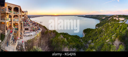 Panorama of Lake Travis from The Oasis restaurant in Austin, Texas at sunset Stock Photo