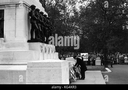 Prince Charles, the Prince of Wales, Colonel of the Welsh Guards, lays a wreath at the Guards Memorial when he attended the Regimental Remembrance Sunday Service at the Guards Chapel in London. Stock Photo