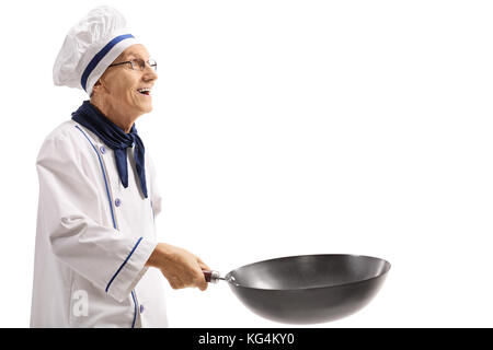 Elderly chef with a wok pan isolated on white background Stock Photo