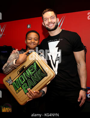 WWE Superstars Finn Balor and Sasha Banks meet children from Higham Ferrers Junior School school to launch the first ever WWE Academy at KidZania London. The new academy aims to encourage children to be creative and use their imagination by creating their own superstar personas. The WWE Academy is now open at KidZania London, a city built just for kids in Westfield. London, Shepherd’s Bush. PRESS ASSOCIATION Photo. Picture date: Friday November 3, 2017. Photo credit should read: Steven Paston/PA Wire Stock Photo