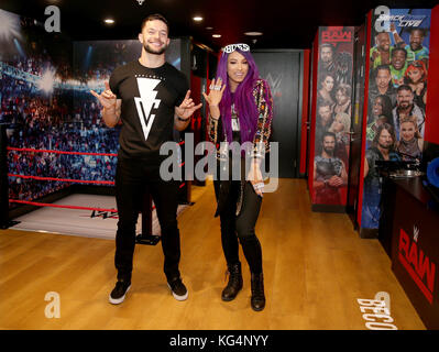 WWE Superstars Finn Balor and Sasha Banks meet children from Higham Ferrers Junior School school to launch the first ever WWE Academy at KidZania London. The new academy aims to encourage children to be creative and use their imagination by creating their own superstar personas. The WWE Academy is now open at KidZania London, a city built just for kids in Westfield. London, Shepherd's Bush. PRESS ASSOCIATION Photo. Picture date: Friday November 3, 2017. Photo credit should read: Steven Paston/PA Wire Stock Photo