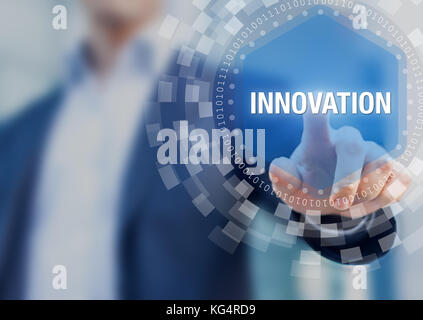 Innovation concept with researcher presenting innovative ideas and new technologies on virtual screen Stock Photo