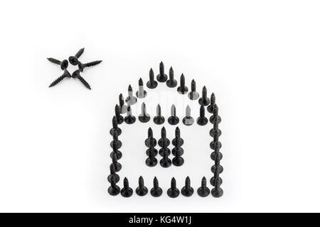 House and sun drawing with Oxidized black self-tapping screw isolated on white background Stock Photo
