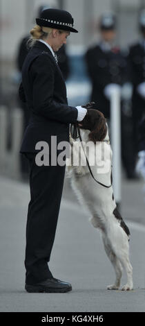 Stock photo of Metropolitan Police sniffer dog 'Max' with his handler PC Norgrove, during a Metropolitan Police passing out parade for new officers at Peel House in Hendon. Stock Photo