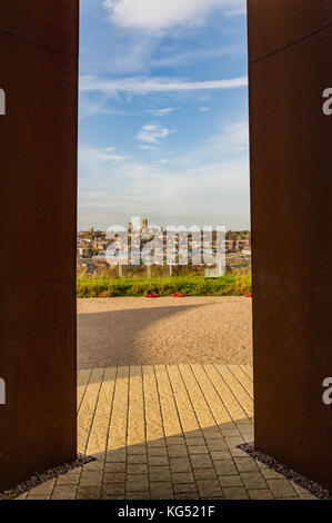 Lincoln Cathedral viewed from the International Bomber Command Centre (IBCC) on Canwick Hill outside Lincoln. Stock Photo