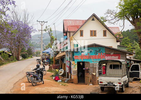 Primitive garage in the hill town Kalaw, former colonial British hill station, Taunggyi District, Shan State, Myanmar / Burma Stock Photo