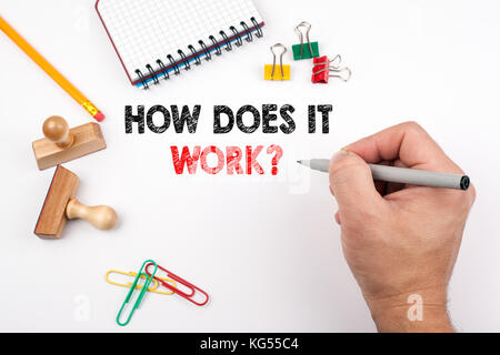 How Does It Work. White office desk on which various items Stock Photo