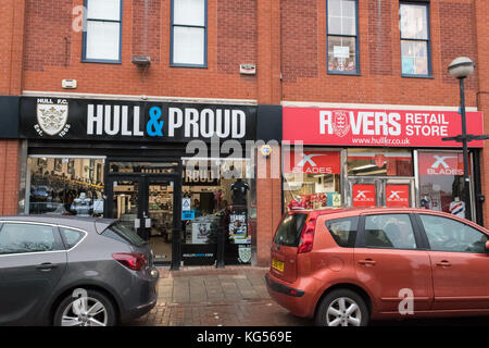 Hull Kingston Rovers and Hull FC supporter shops next to each other in Hull city centre, England, UK Stock Photo