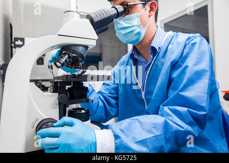 Young male scientist looking at slides under the microscope Stock Photo
