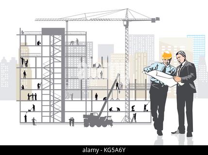Architect and client are planning on the construction site Stock Vector