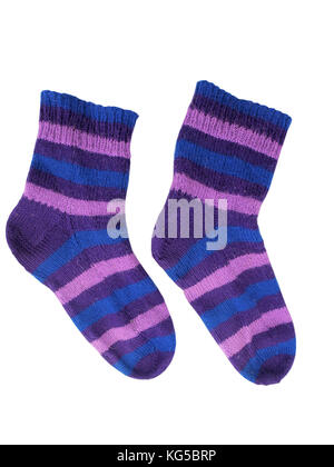 Knitted woolen socks, blue and purple striped isolated on white Stock Photo