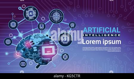Artificial Intelligence Banner With Cyber Brain Cog Wheel And Gears Over Motherboard Background With Copy Space Stock Vector
