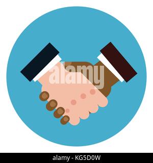 Handshape Icon African American And Caucasian Men Shaking Hands On Round Blue Background Stock Vector