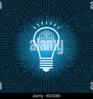 Light Bulb With Brain Inside Icon Over Blue Circuit Motherboard Background Stock Vector