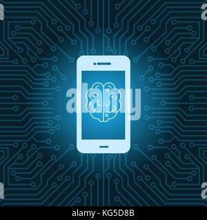 Smart Phone With Brain Image Icon Over Blue Circuit Motherboard Background Stock Vector