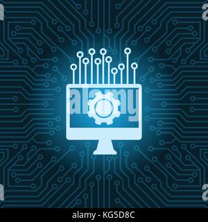 Computer Monitor With Cogwheel Icon Over Blue Circuit Motherboard Background Stock Vector