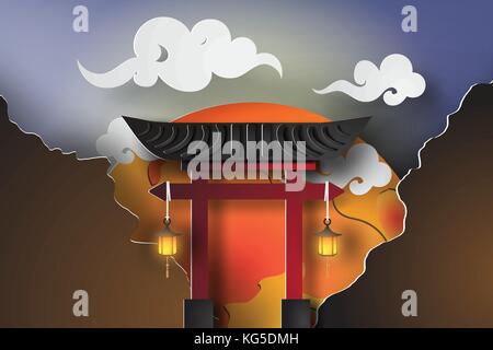 paper art of Japan gate with landscape travel  Landmarks at night fullmoon beautiful,torii,vector,cut Stock Vector