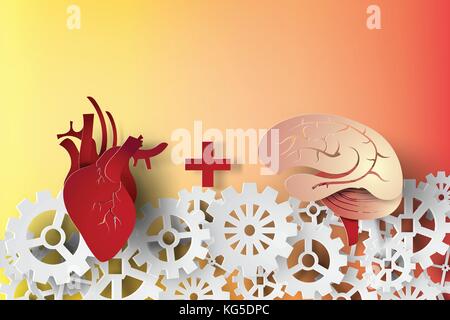 paper art of brain and heart with gear concept idea,vector,business Stock Vector