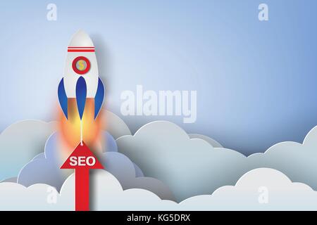 rocket start up concept idea,paper art style,seo,vector,illustration Stock Vector