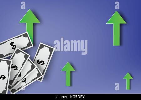 Paper art of Increasing dollar sign currency abstract vector arrows background Stock Vector