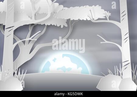 Paper art of lanscape snow with fullmoon,vector Stock Vector