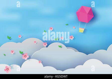 Paper art of balloon on blue sky background,vector Stock Vector