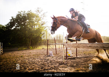 Young female jockey on horse leaping over hurdle Stock Photo