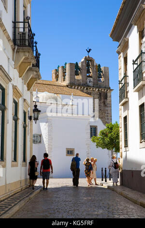 Faro, street, cathedral, bell tower, churchyard, Largo da Sé, Cidade Velha, Old Town, tourist Stock Photo