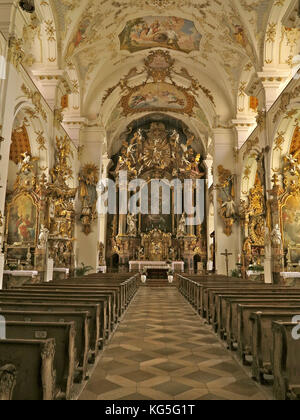 Germany, Bavaria, Dietramszell, 'Kloster Mariä Himmelfahrt' (abbey), interior view, baroque, stucco, altarpiece and ceiling fresco from Johann Baptist Zimmermann, Stock Photo